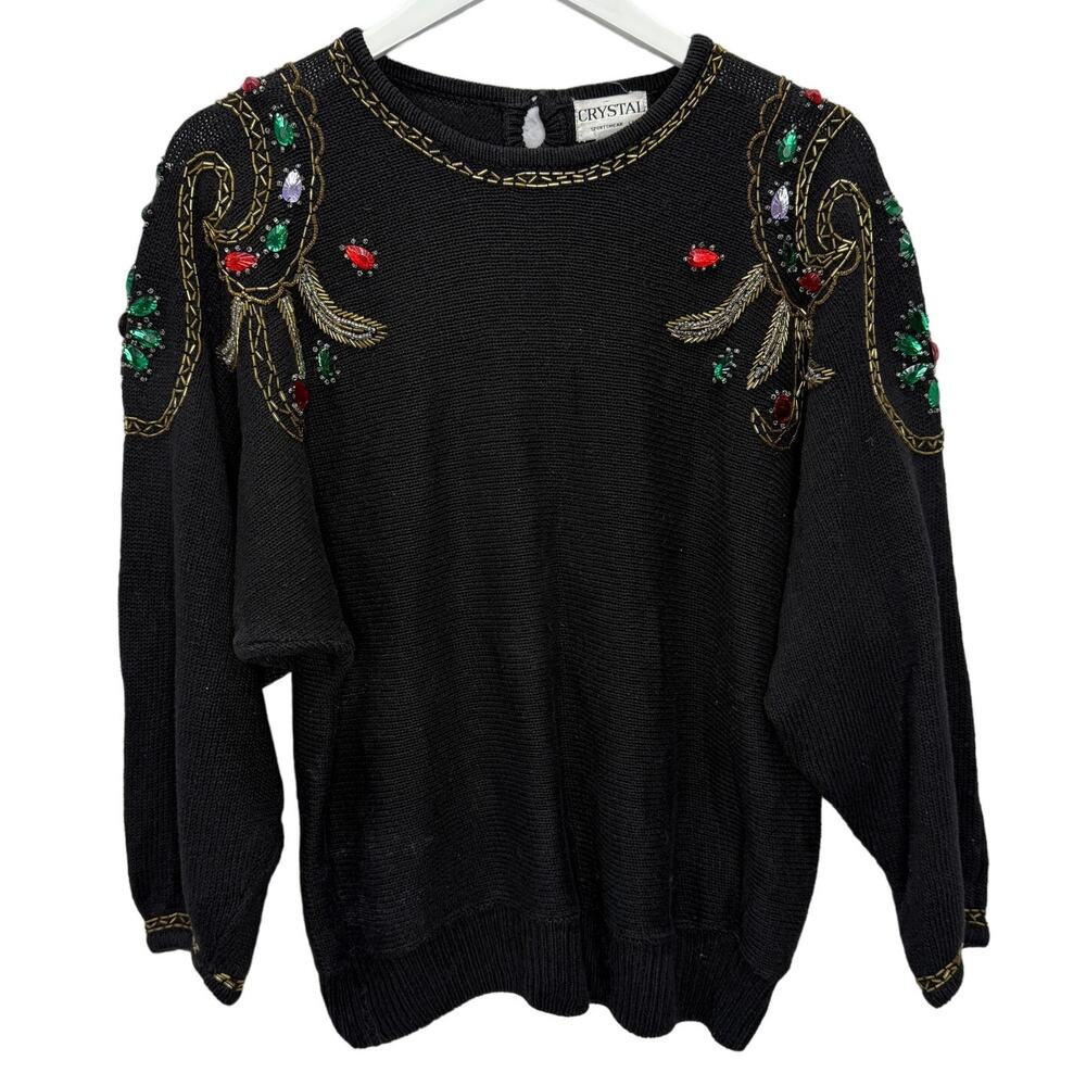 Vintage Crystal Sportswear Beaded Sweater Size S Black Embellished 80s 90s